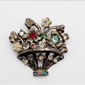 Vintage Flower Basket Pin‎ Brooch Rhinestones